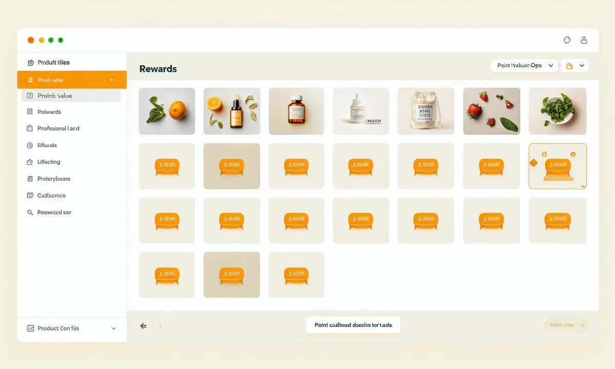 Rewards catalog management interface showing product grid with point values and eligibility controls